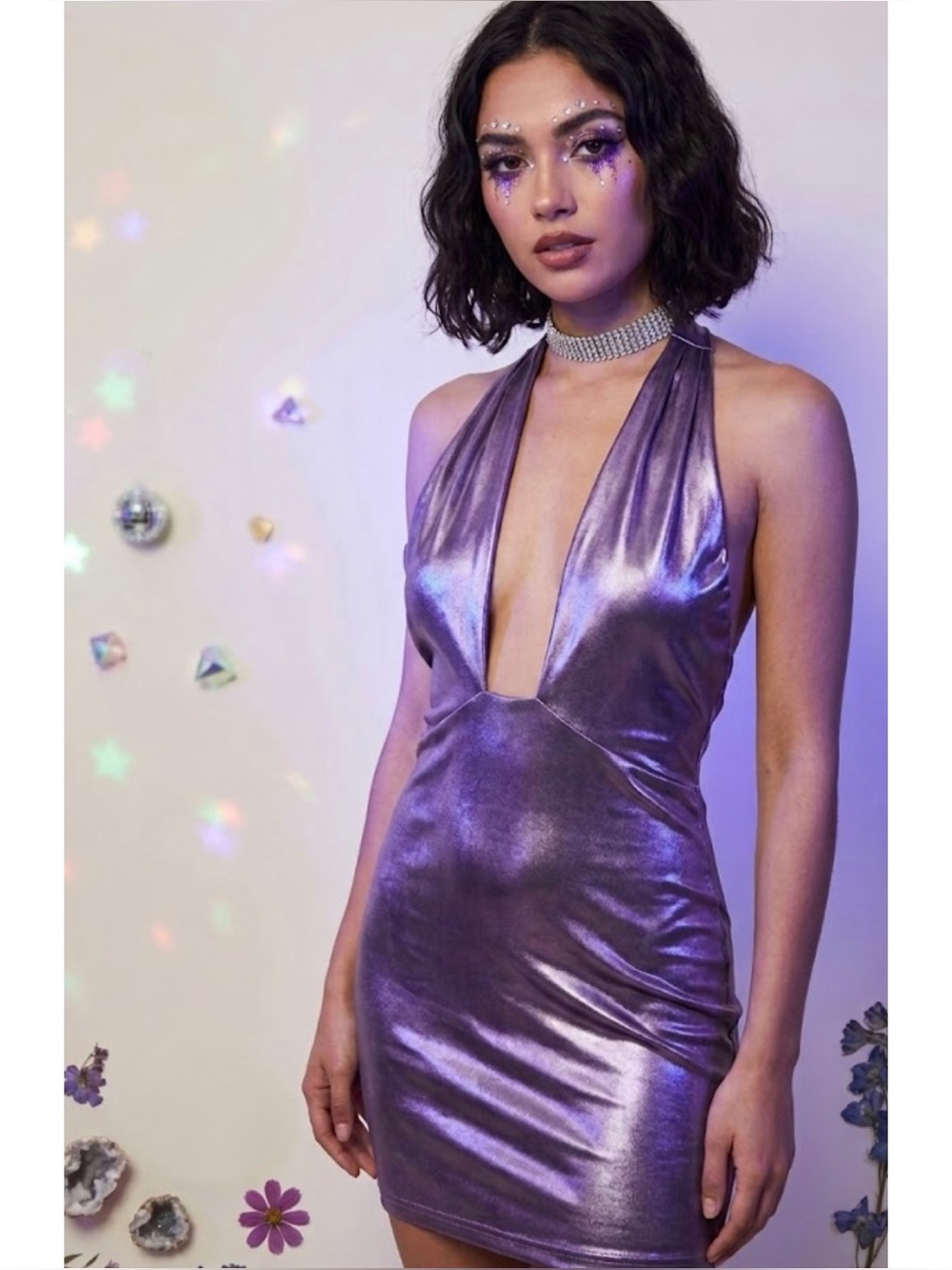 Lovesome Metallic Purple Halter Plunging V-Neck Backless Bodycon Mini Dress